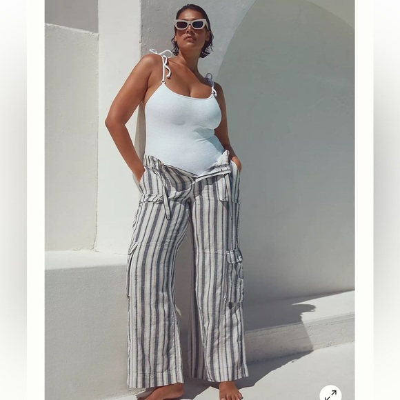 Pilcro Blue/White Stripe Linen Cotton Beach Wide Leg Baggy Cargo Pants - Picture 5 of 15